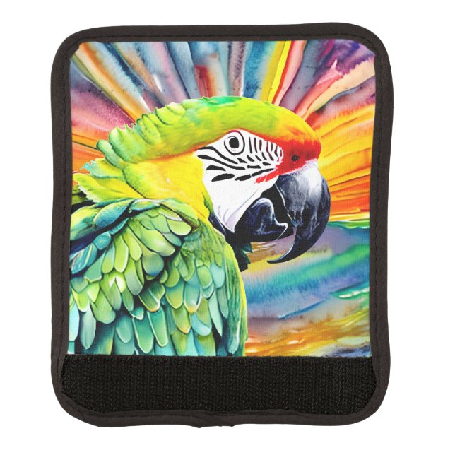 Cute AI Generated Watercolor Style Green Parrot Luggage Handle Wrap (Front)
