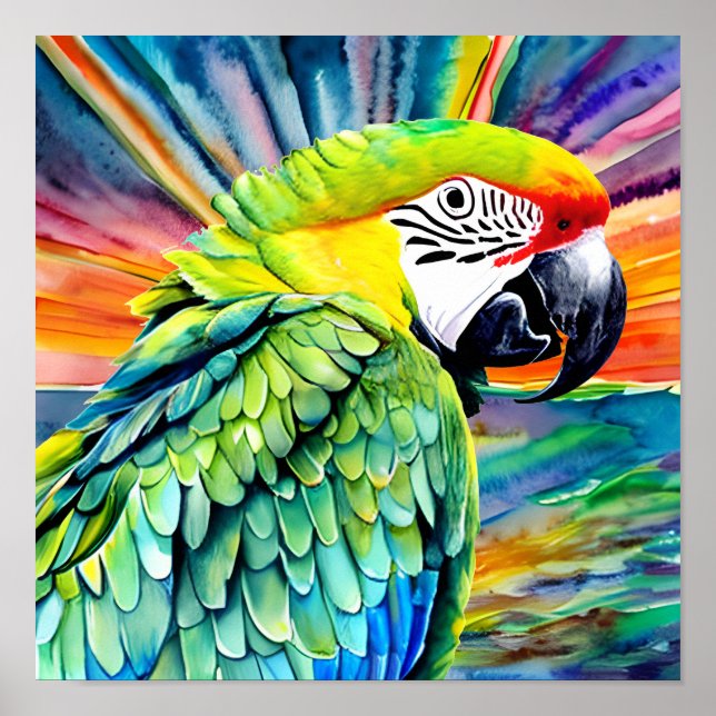 Cute AI Generated Watercolor Style Green Parrot Poster (Front)
