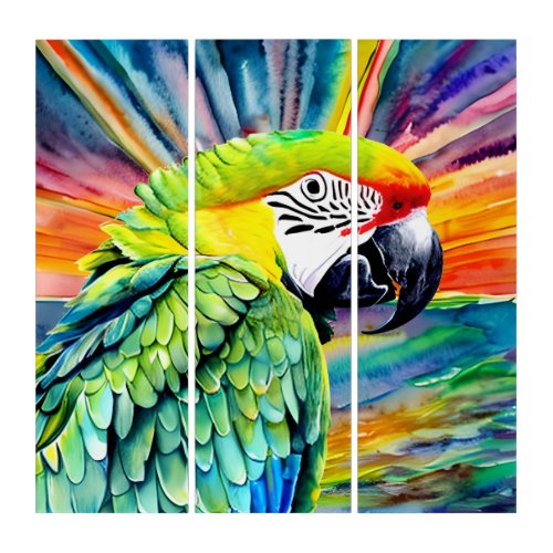 Cute AI Generated Watercolor Style Green Parrot Triptych