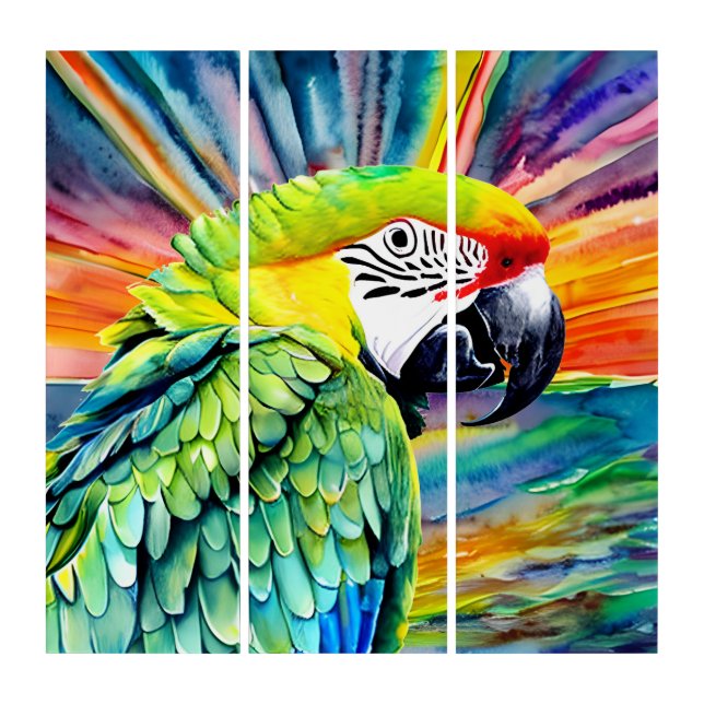 Cute AI Generated Watercolor Style Green Parrot Triptych (Front)