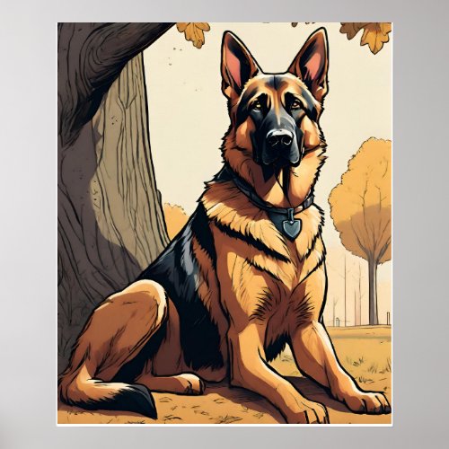 Cute Ai German Shepherd Sitting Under a Tree Poster