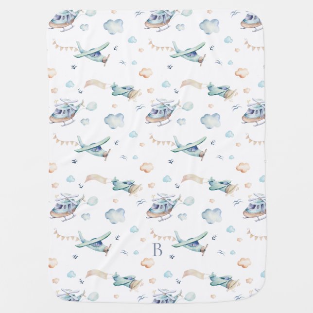 Cute Aircraft Pattern Monogram Baby Blanket (Front)