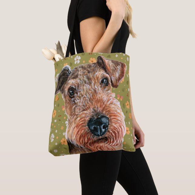 Cute Airedale Terrier and Green Flower Pattern Tote Bag (Close Up)