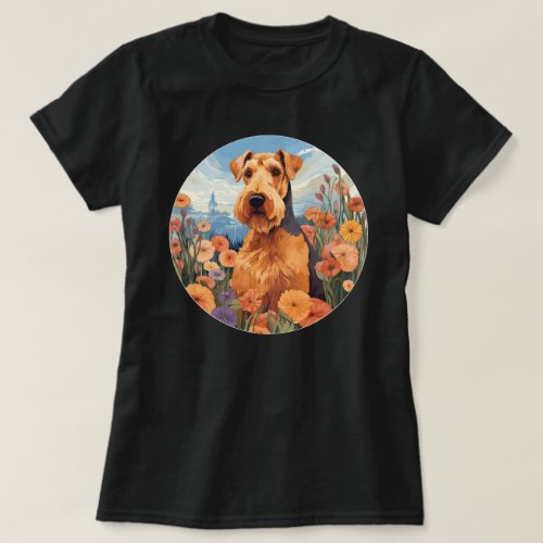 Cute Airedale Terrier Flower Mountain Puppy Womens T_Shirt