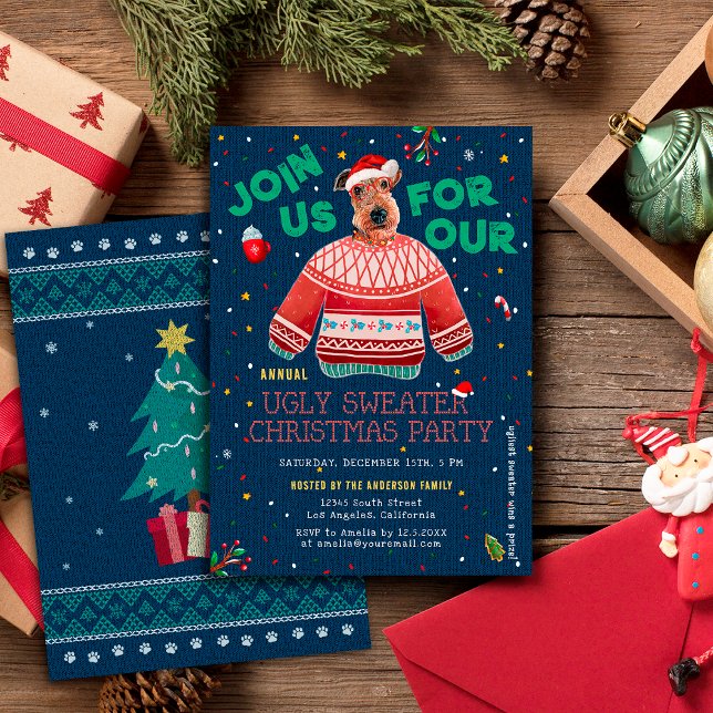 Cute Airedale Terrier Ugly Sweater Christmas Party Invitation (Creator Uploaded)