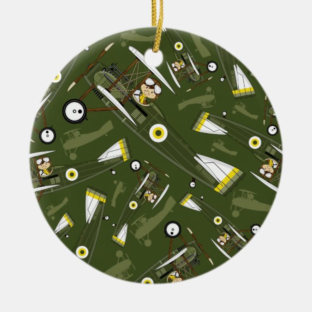 Cute Airforce Pilot and Biplane Ceramic Ornament (Front)