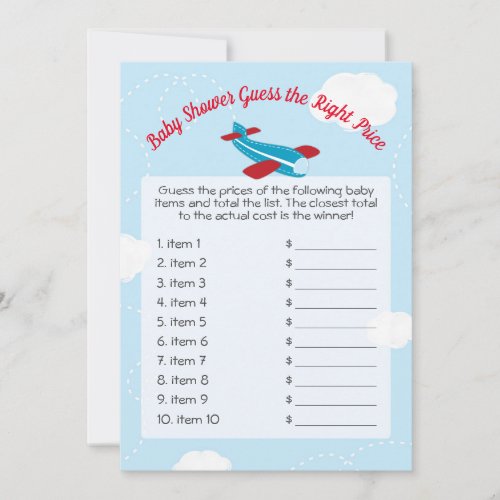 Cute Airplane Baby Shower Guess Right Price Game Invitation