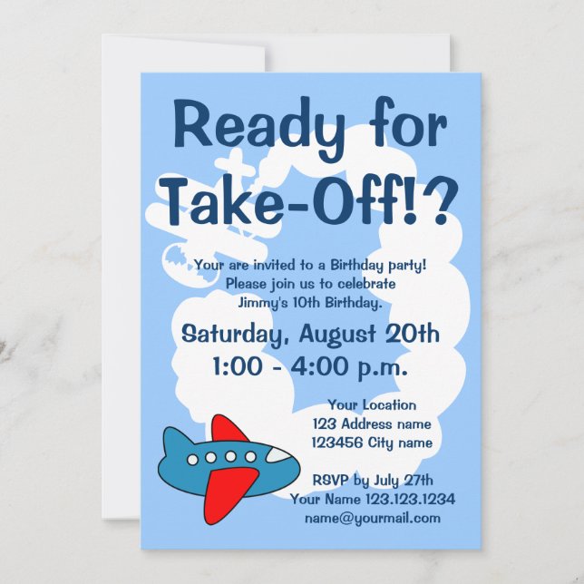 Cute airplane Birthday party invitations for kids (Front)