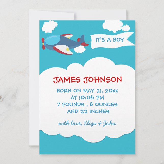 Cute Airplane Boy Baby Birth Announcement Card (Front)