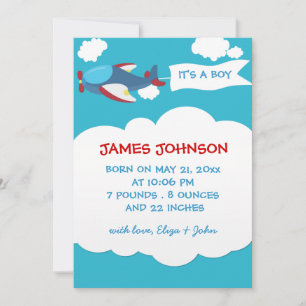 Cute Airplane Boy Baby Birth Announcement Card