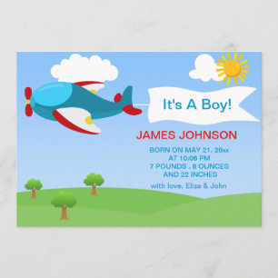 Cute Airplane Boy Baby Birth Announcement Card