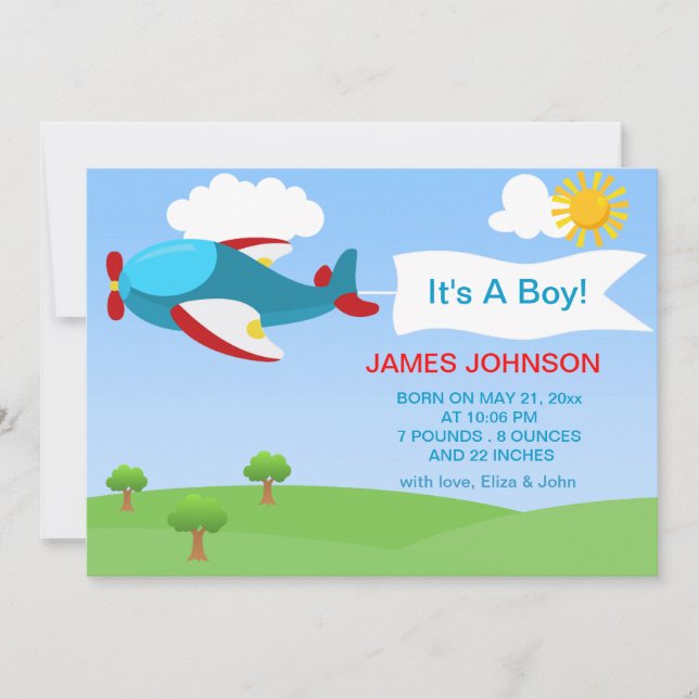 Cute Airplane Boy Baby Birth Announcement Card (Front)
