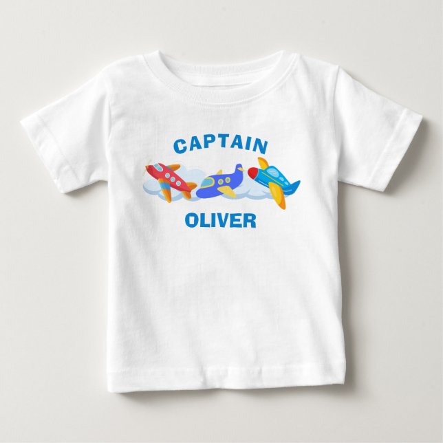 Cute Airplane Captain Personalized Baby T-Shirt (Front)