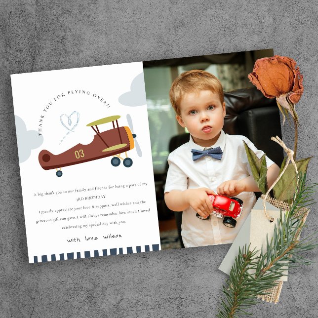 Cute  Airplane Cloud Heart Kids Photo Birthday Thank You Card (Creator Uploaded)