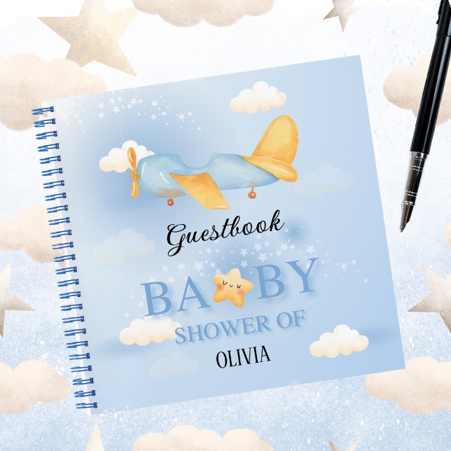 Cute Airplane, Clouds & Star,Baby Shower Guestbook Notebook (Creator Uploaded)