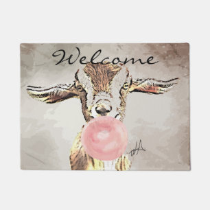 Cute Airplane Ears Goat with Bubblegum Welcome Mat