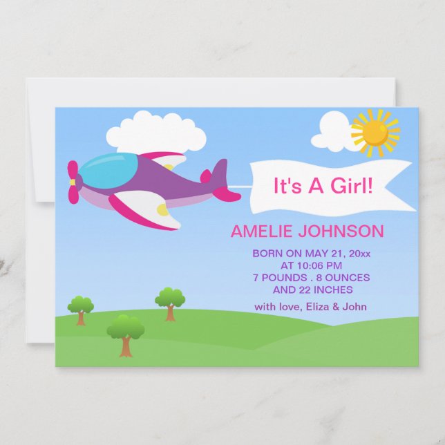 Cute Airplane Girl Baby Birth Announcement Card (Front)