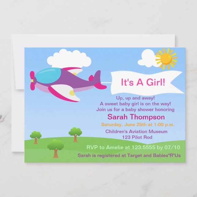 Cute Airplane Girl Baby Shower Invitation (Front)