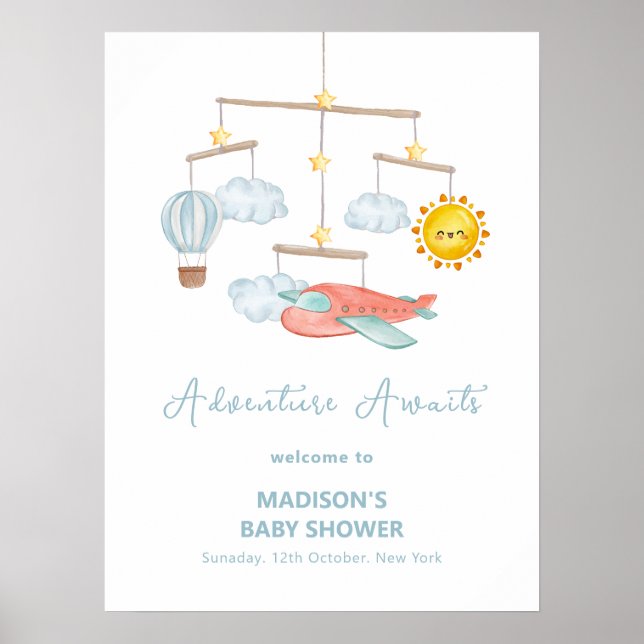 Cute Airplane Hot Air Balloon Baby Shower Welcome  Poster (Front)