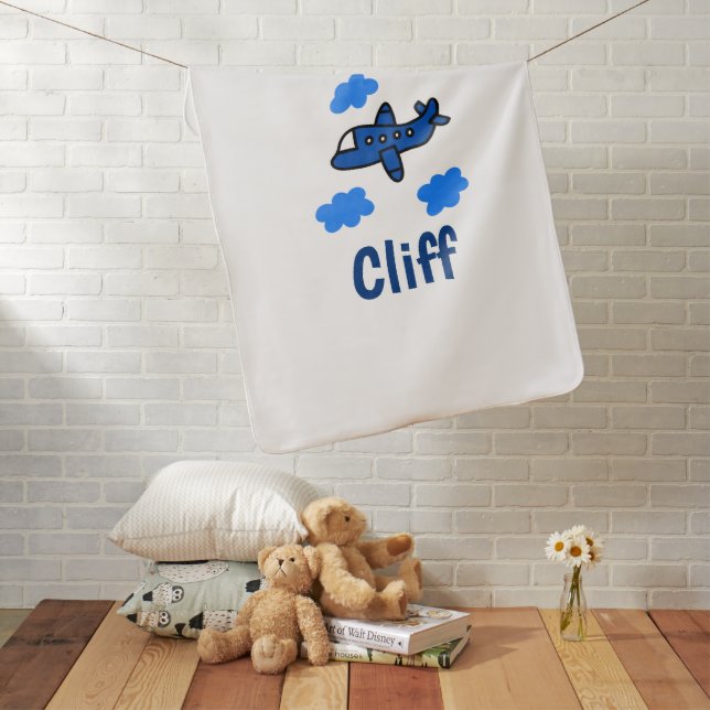 Cute Airplane in the Clouds Personalized Baby Blanket (In Situ)