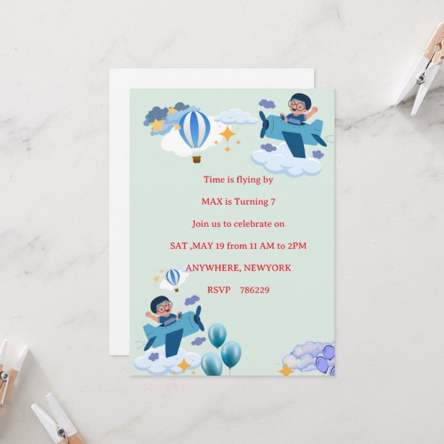 Cute Airplane Kids Birthday Invitation (Front/Back In Situ)