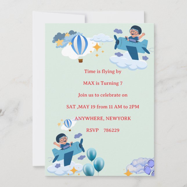 Cute Airplane Kids Birthday Invitation (Front)