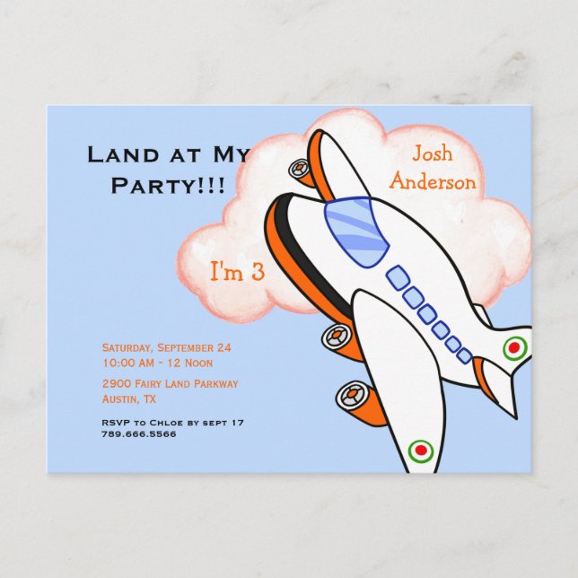 Cute Airplane Land at My Birthday Party Blue Invitation Postcard (Front)