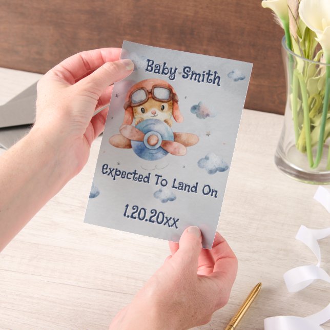 Cute Airplane Landing Pilot Boy Pregnancy Announce Vellum Invitations (Handheld)