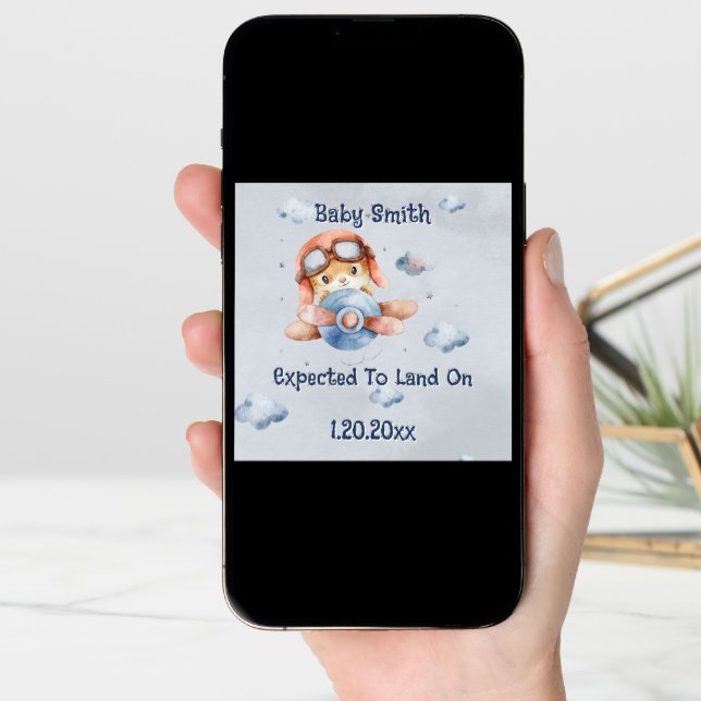 Cute Airplane Landing Social Media Boy Pregnancy Announcement (Front Digital)