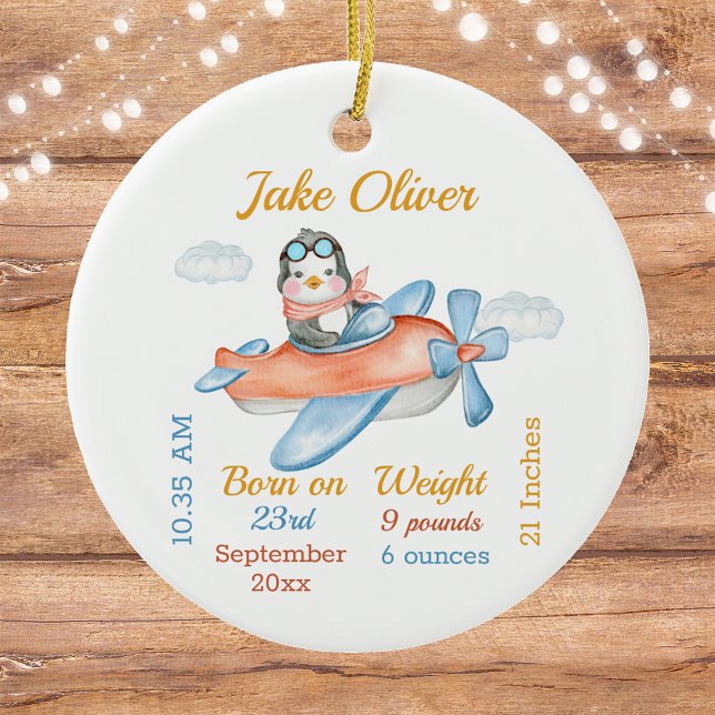 Cute Airplane Penguin Baby Boy Stats Ceramic Ornam Ceramic Ornament (Creator Uploaded)