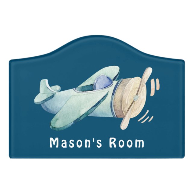 Cute Airplane Personalized Boy's Room Door Sign (Small Crest Front)