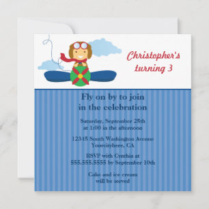 Cute airplane pilot boys birthday party invitation