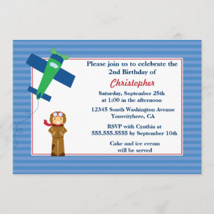 Cute airplane pilot boys birthday party invitation