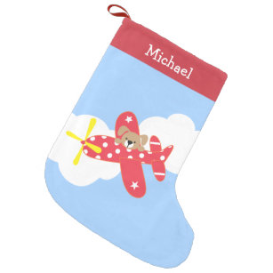 Boys Cute Blue Airplane Travel Design and Name Small Christmas Stocking