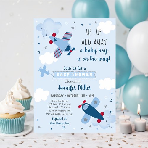 Cute Airplane Stars Clouds Baby Shower Invitation