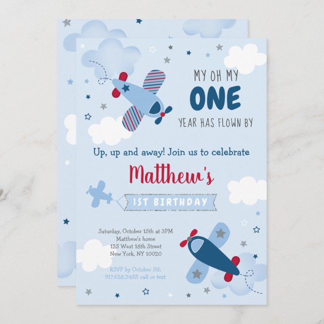 Cute Airplane Stars Clouds First Birthday Invitation (Front/Back)