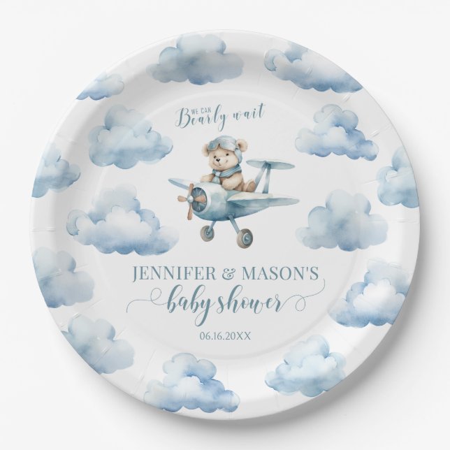 Cute airplane teddy bear baby shower paper plates (Front)