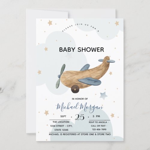 Cute Airplane Toy Clouds Baby Shower  Invitation