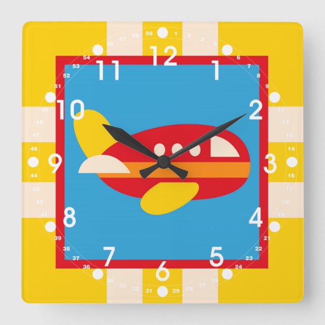 Cute Airplane Transportation Theme Kids Gifts Square Wall Clock (Front)