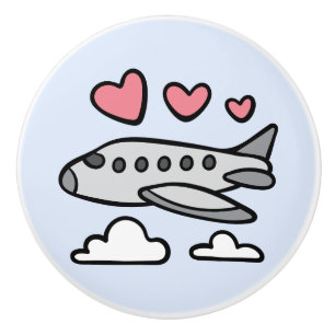 Cute airplane with red hearts and white clouds ceramic knob