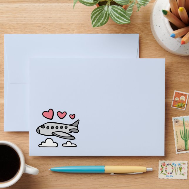 Cute airplane with red hearts and white clouds  envelope (Desk)