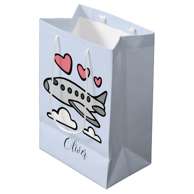 Cute airplane with red hearts and white clouds medium gift bag (Front Angled)