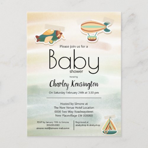 Cute airplane zeppelin boat Baby Shower invitation Postcard