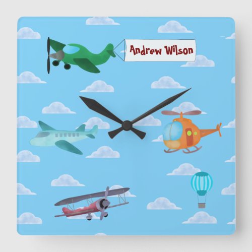 Cute Airplanes and Helicopter Flying on Blue Sky Square Wall Clock