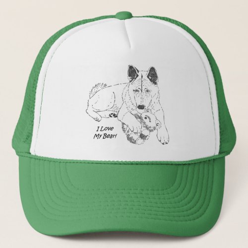 Cute akita and teddy bear dog art green trucker hat