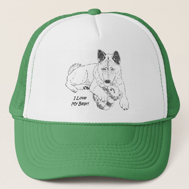 Cute akita and teddy bear dog art green trucker hat (Front)