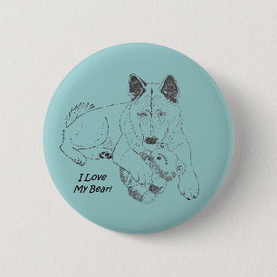 Cute akita dog and teddy bear drawing original art pinback button