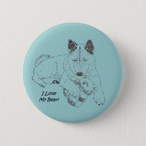 Cute akita dog and teddy bear drawing original art pinback button