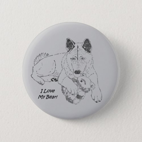 Cute akita dog and teddy bear drawing original art pinback button