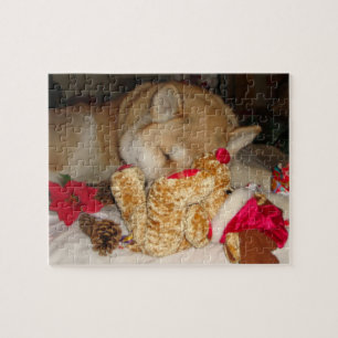 Cute akita dog christmas teddy asleep christmas jigsaw puzzle